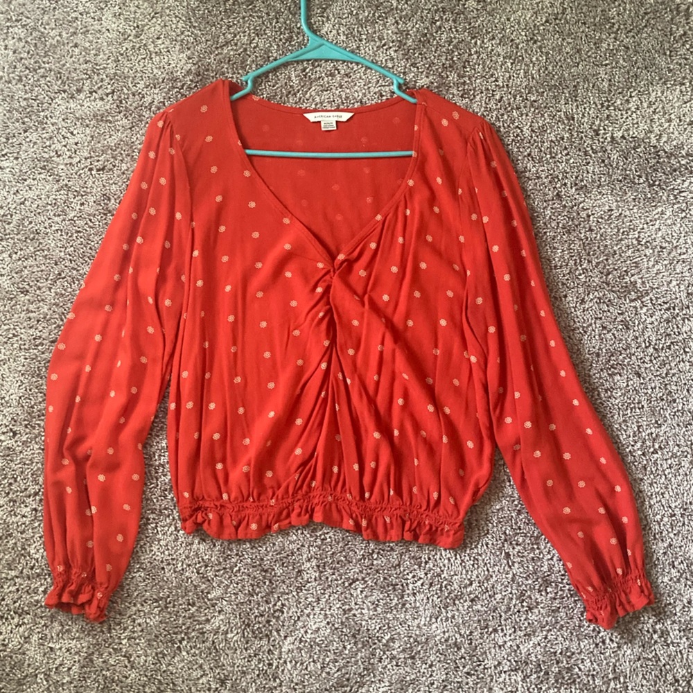 American Eagle Red Flower Print Ruched Hem Crop Top Size Medium